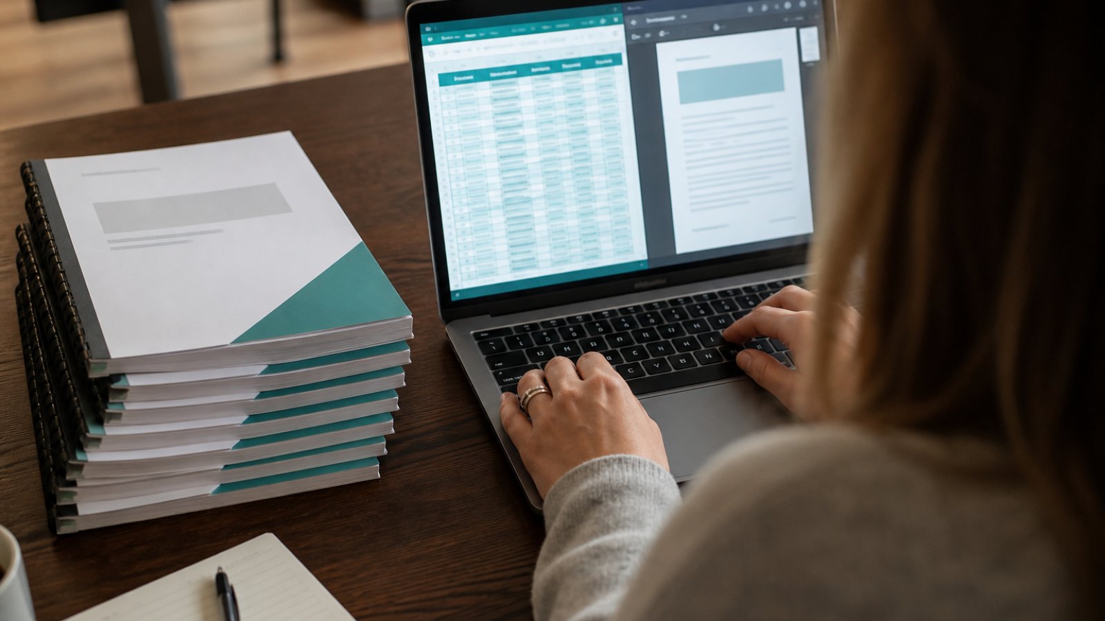 Over-the-shoulder photograph of a laptop showing a teal data grid beside a PDF page, with printed proposals stacked on the desk.