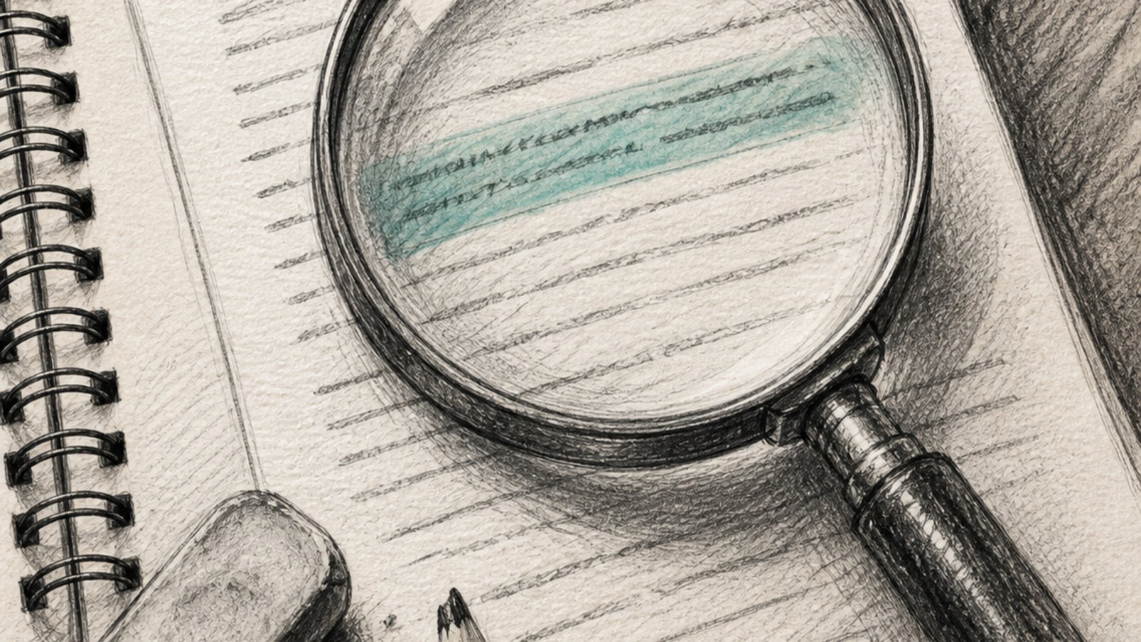 Pencil-sketch illustration of a magnifying glass over a highlighted sentence in a document.