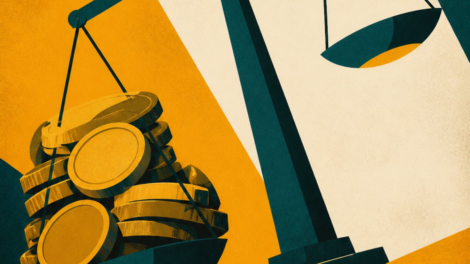 Bold poster illustration of a dramatically tilted balance scale overloaded with coins.