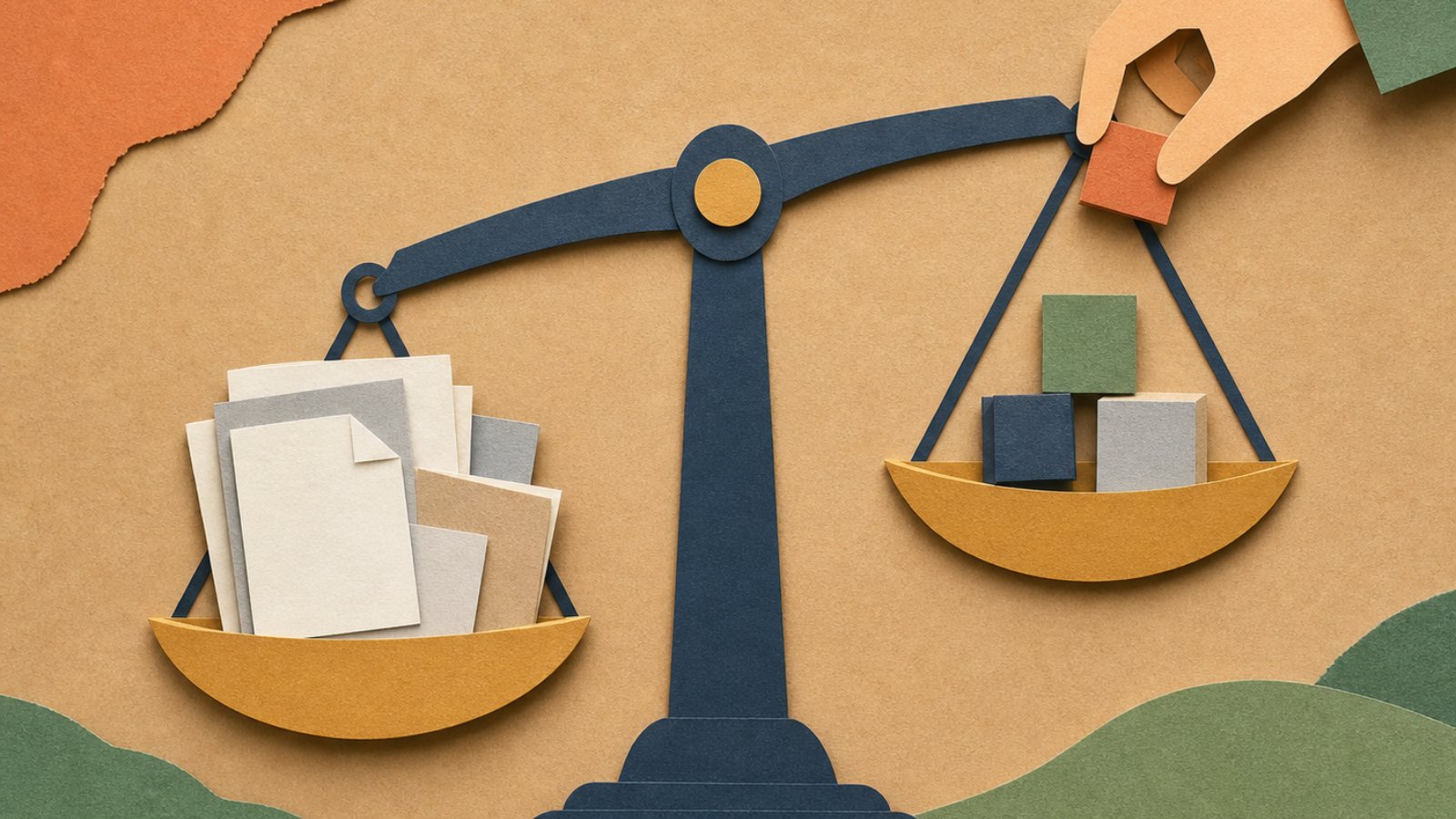 Paper-cut collage of a balance scale with paper documents on one pan and adjustment blocks on the other.